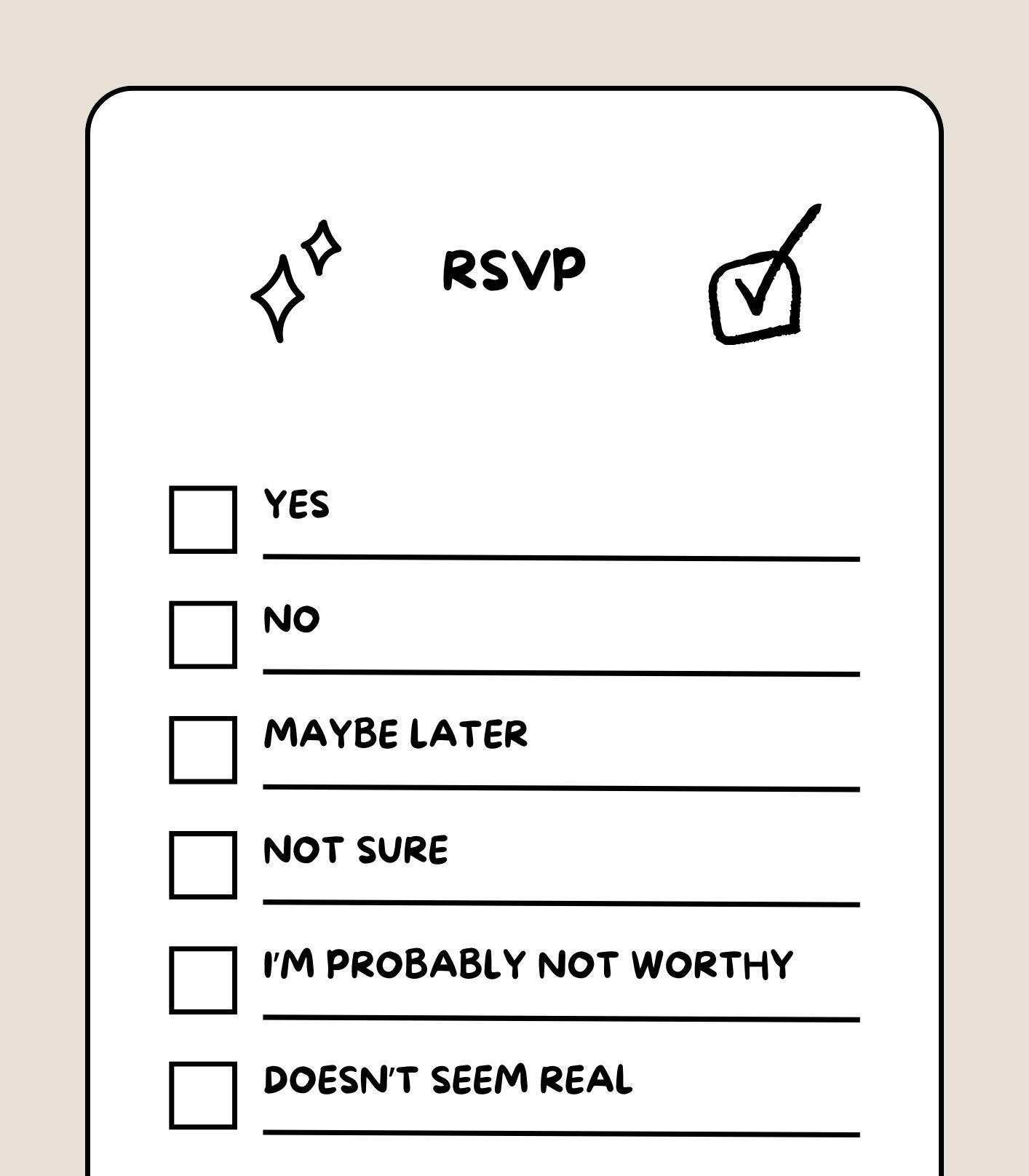 Hand-drawn RSVP checklist with Yes, No, Maybe Later, and other response options