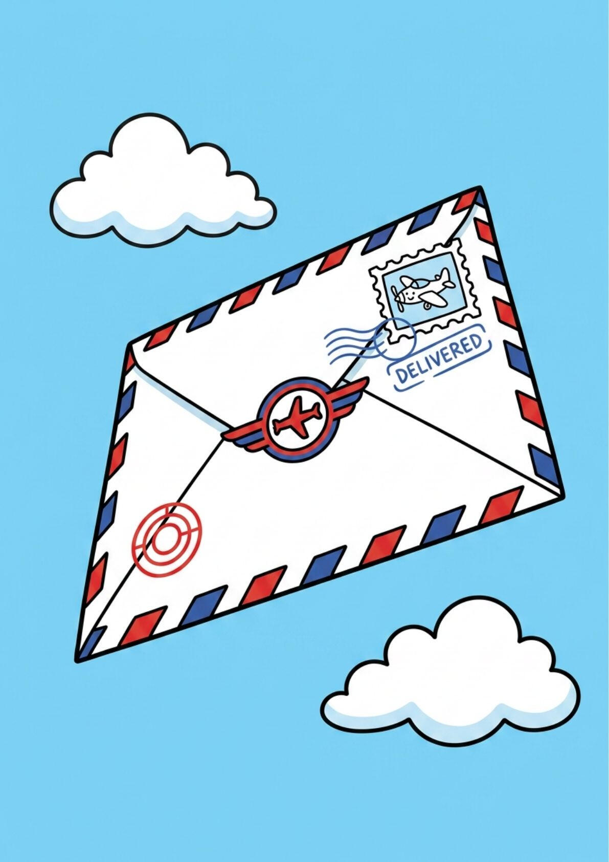 Illustrated airmail envelope with a plane stamp and delivery postmark