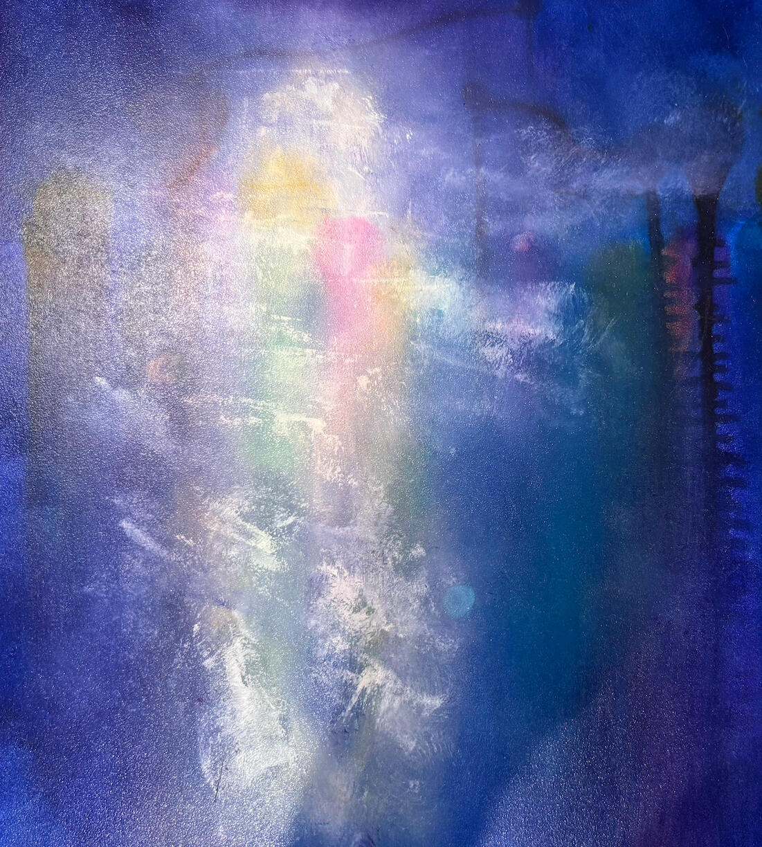 by Akiane Abstract painting of a glowing figure of light in shades of blue, gold, and rose